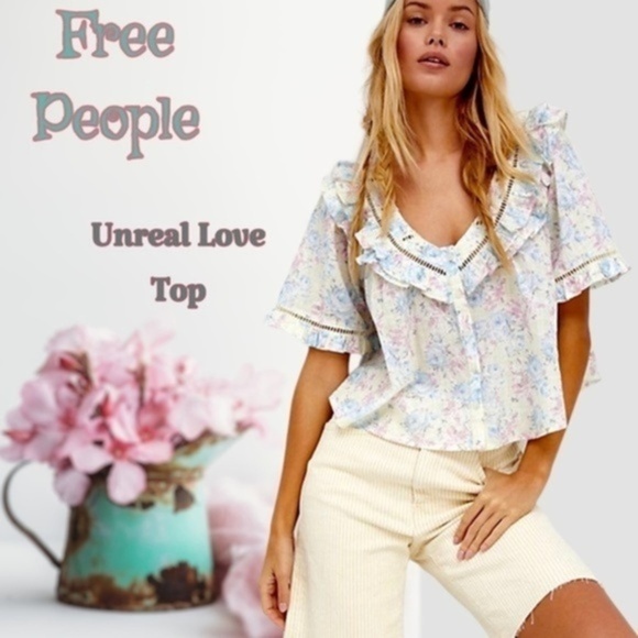 FREE PEOPLE Unreal Love Ruffle Neck Floral Print Short Sleeve Embroidered Top - Picture 1 of 9